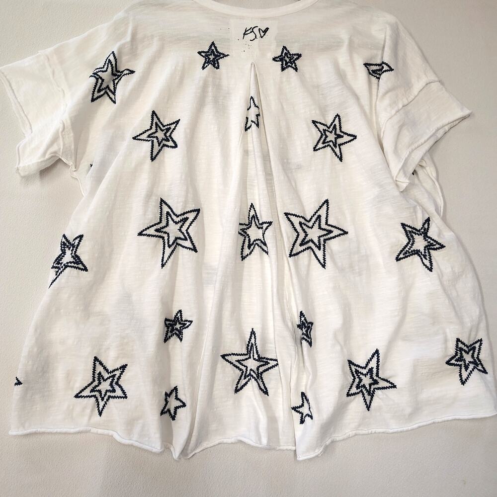 Karyn Seo XL White Embroidered Star Tee Boho Raw Edge Handmade India Top - Picture 8 of 15